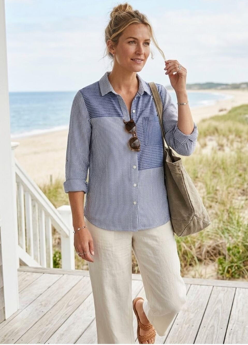 Barbour LSH1402 Beachfront Striped Shirt Blue White Cotton Linen Size US 6 EUC